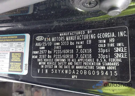 2011 Kia Sorento Sx V6 from USA, damaged, VIN 5XYKWDA20BG099415